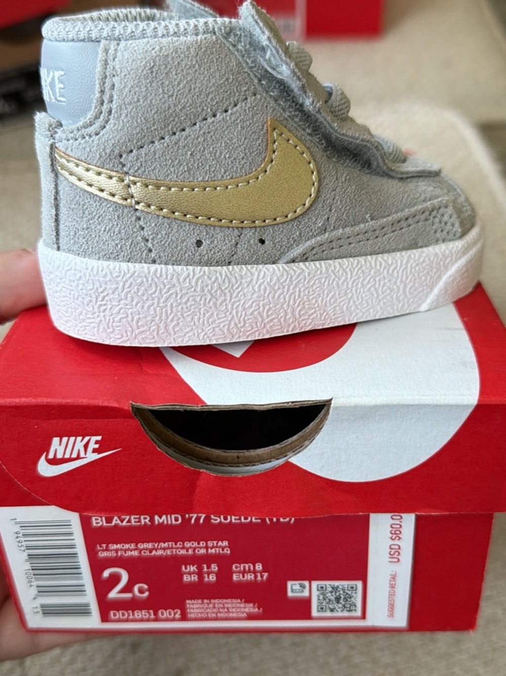 Nike Kids Light Smoke Grey Suede Sneakers with Metallic Gold Swoosh